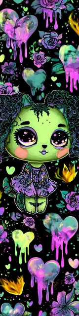 Free kawaii cats bookmark featuring a Halloween slime cat wearing a purple dress